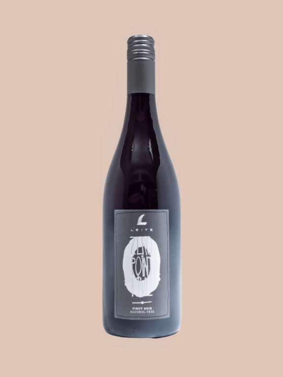 A bottle of elegant Pinot Noir wine with a deep ruby hue, featuring a minimalist label design.